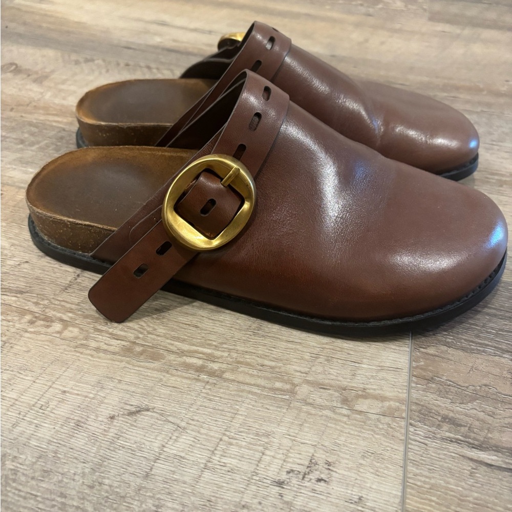 Massimo Dutti Brown Leather Mules or Clogs with Gold Buckle